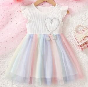 Pastel Rainbow Kids Girls Fly Sleeves with Heart Princess Tulle Midi‎ Tutu Dress